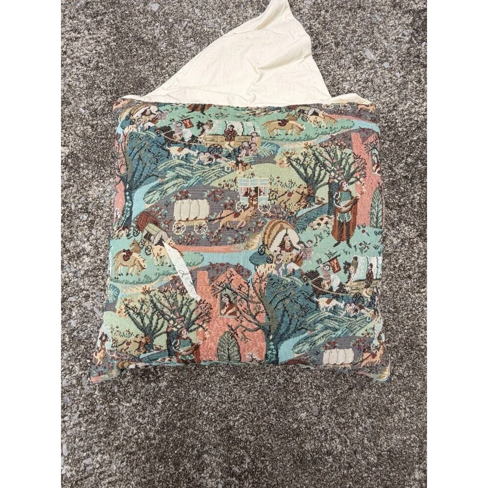 VTG Woven Tapestry Throw Pillow Americana Pioneer Covered Wagon SU